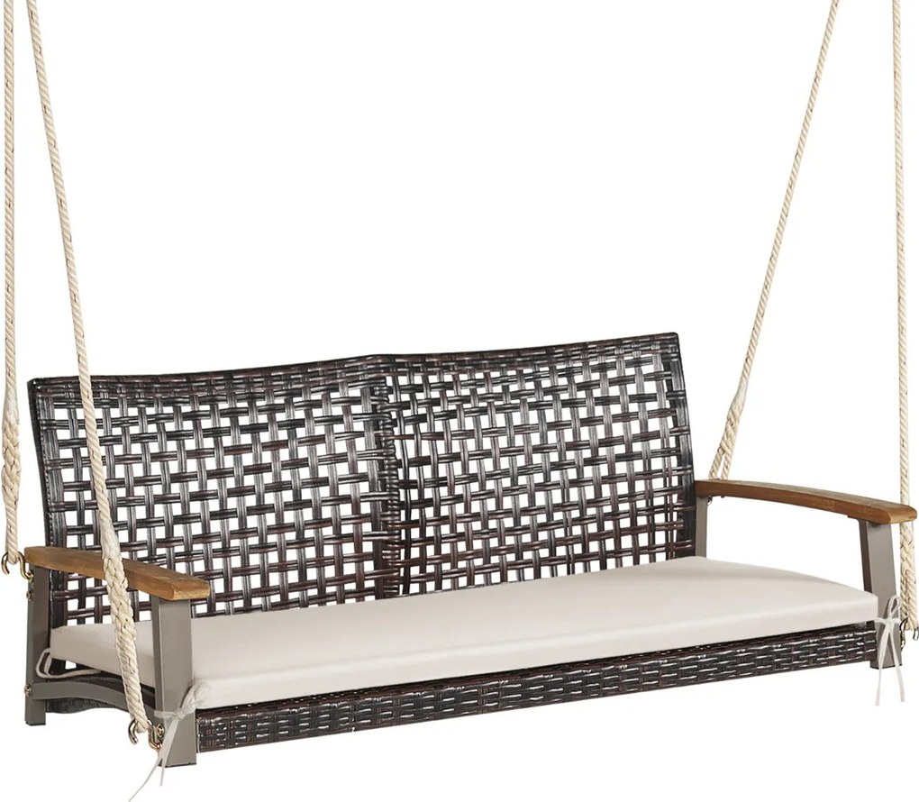 Baloiço de varanda em vime de 2 lugares com almofada de assento Apoio de braço em madeira de acácia 2 cordas 131 x 68 x 54 cm Castanho + Branco