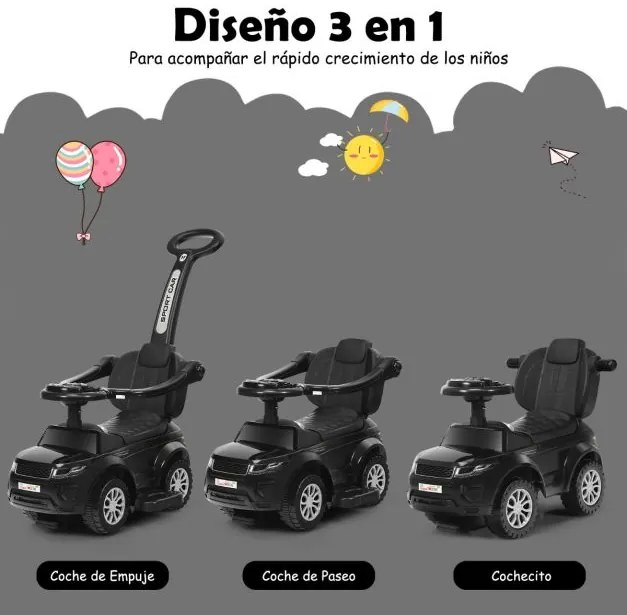 Andarilho 3 em 1 para crianças dos 12 aos 36 meses com luzes musicais, debaixo do assento, pega de arrumação e proteção Preto
