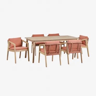 Conjunto De Mesa Retangular 180x90 Cm E 6 Cadeiras De Jardim Em Madeira De Acácia E Corda Trançada Kaela Tecido Telha Vermelha - Sklum