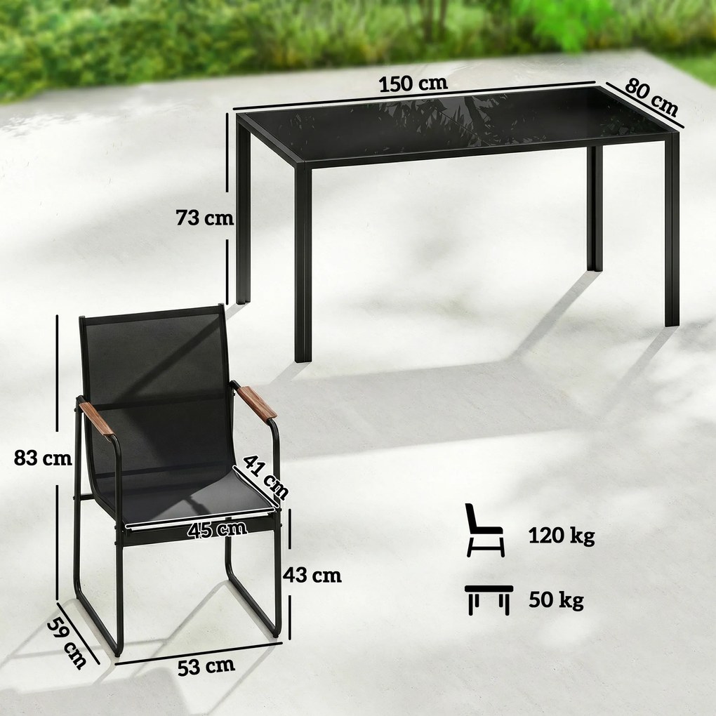 Conjunto de sala de jantar de jardim de 7 peças para 6 pessoas, mesa de vidro e cadeiras com braços decorativos, malha resistente às intempéries, pret
