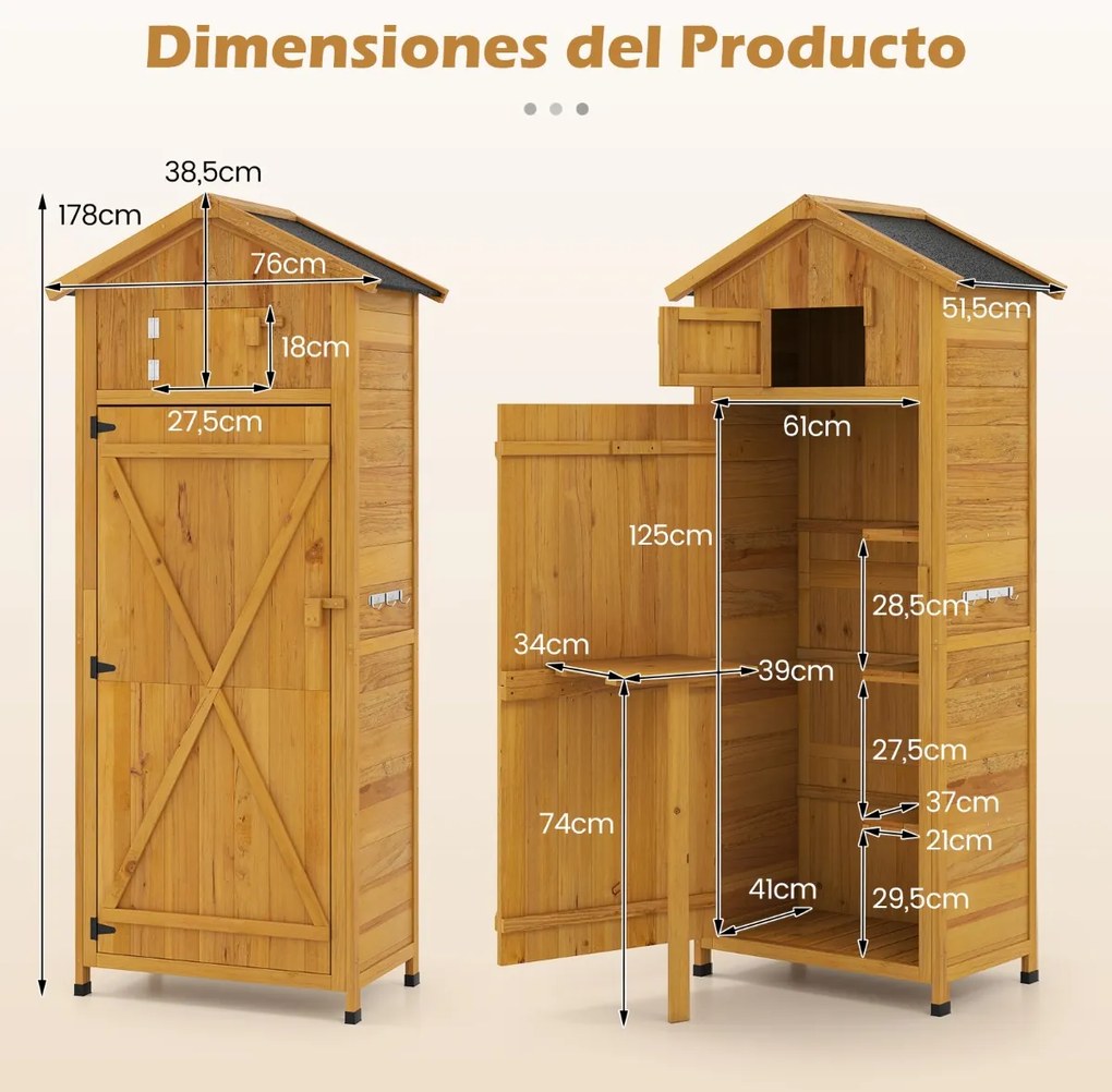 Abrigo, armario de jardim em madeira 76 x 51,5 x 178 cm com porta com fechadura, prateleiras removíveis, mesa lateral dobrável, telhado em asfalto Cas