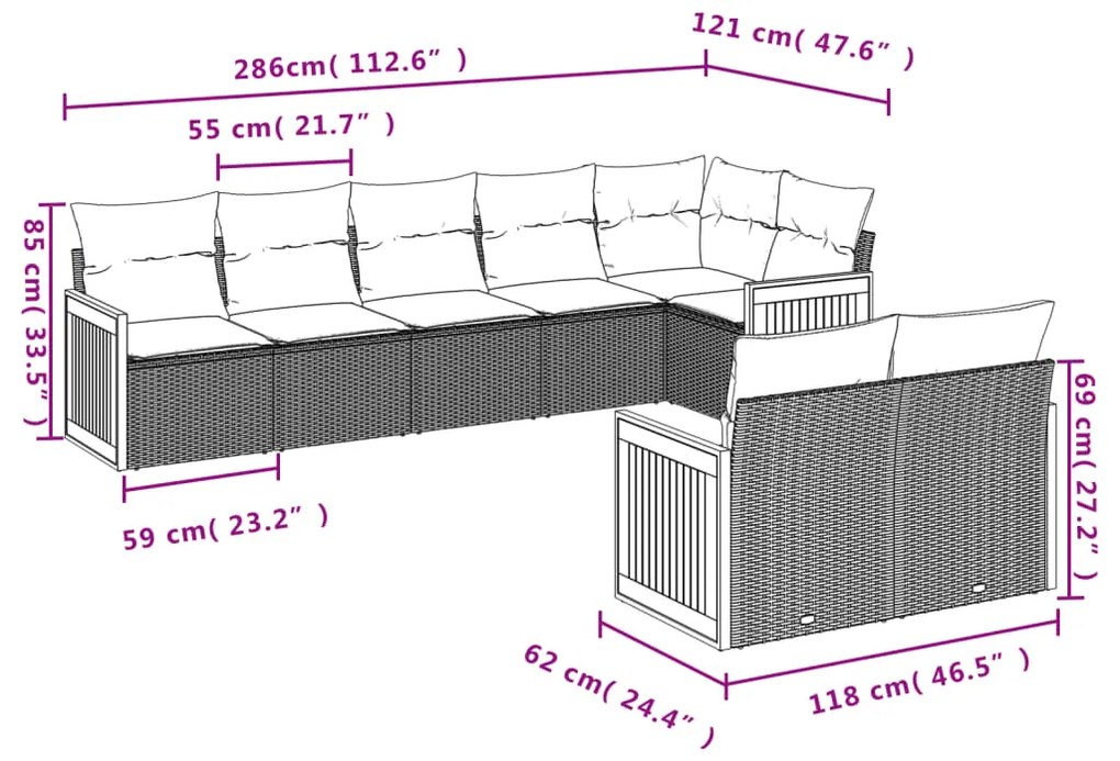 8 pcs conjunto de sofás p/ jardim com almofadões vime PE bege