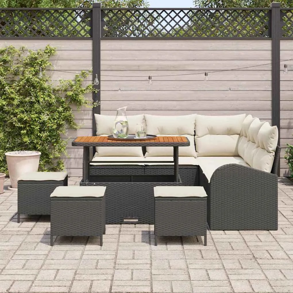 Conjunto de Sofás para Jardim 9 Peças com Almofadas Preto Vime Sintéti