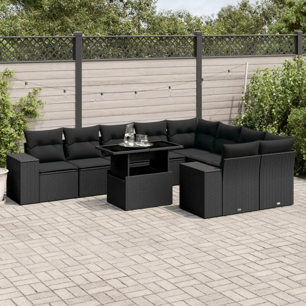 vidaXL 10 pcs conjunto sofás de jardim c/ almofadões vime PE preto