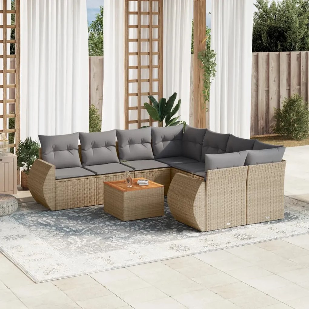 9 pcs conjunto de sofás p/ jardim com almofadões vime PE bege