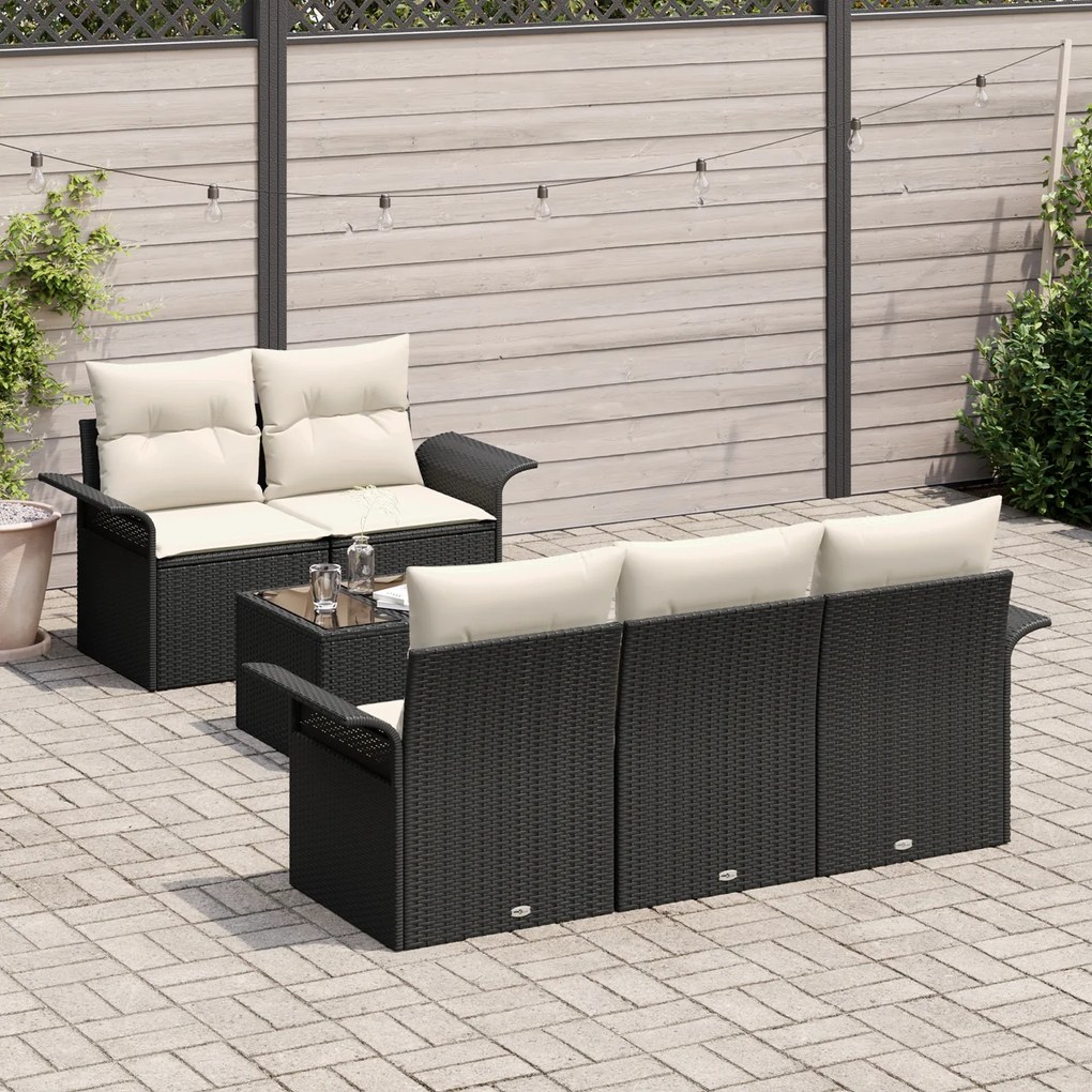 Conjunto de Sofá de Jardim de 6 Peças com Almofadas Vime PE Preto