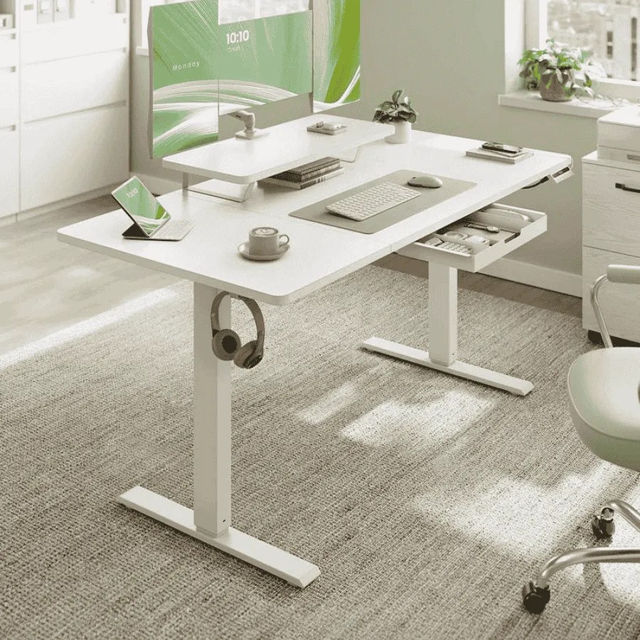 Secretária elétrica com altura ajustável 140 x 70 x 70 x (72-120) cm, suporte para monitor e USB Branca