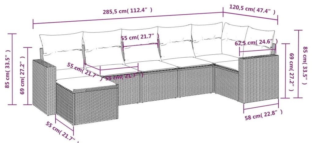 7 pcs conjunto sofás p/ jardim c/ almofadões vime PE cinzento