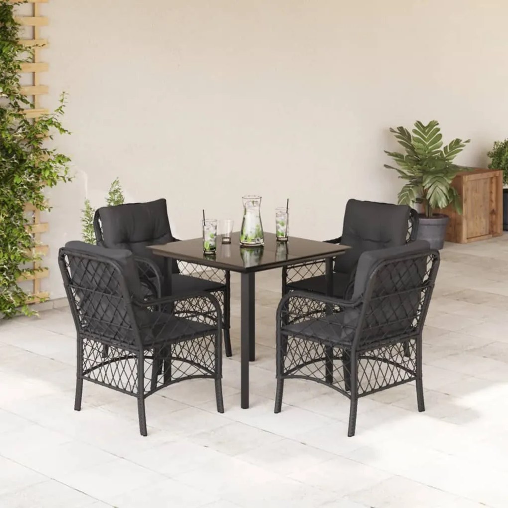 5 pcs conjunto de jantar p/ jardim c/ almofadões vime PE preto