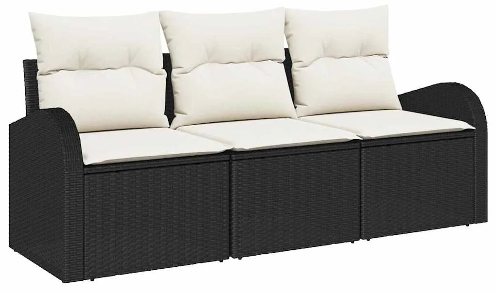 Conjunto de Sofá de Jardim 3 Peças com Almofadas Pretas de Rattan e Po