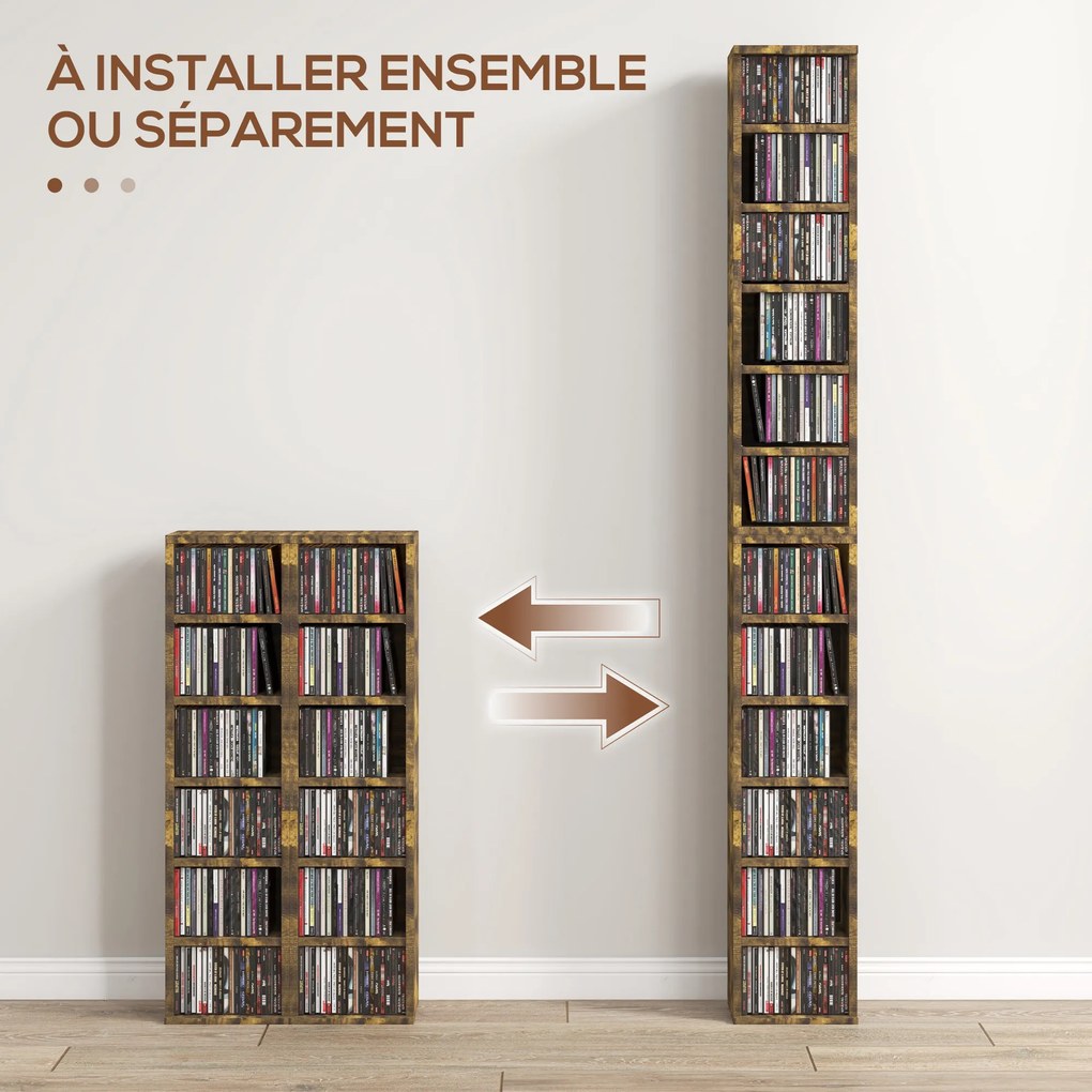 Conjunto de 2 estantes verticais para arrumação de CDs, com 12 compartimentos, 21 x 22,5 x 88,5 cm, capacidade para 204 CDs, castanho rústico