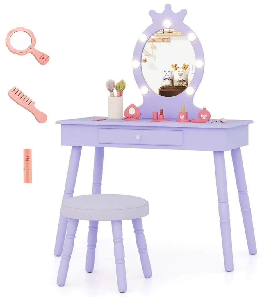 Conjunto de Toucador infantil com espelho iluminado e cadeira de princesa com brilho ajustável Gaveta e banquinho acolchoado roxo