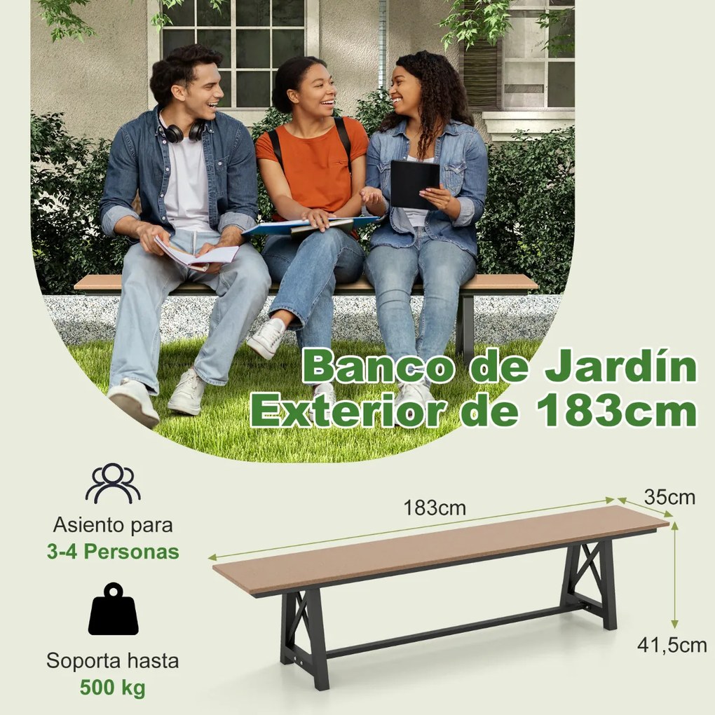 Banco jardim em PEAD para 3-4 pessoas com estrutura metálica 183 x 35 x 41,5 cm Estrutura metálica, capacidade para 500 KG Castanho