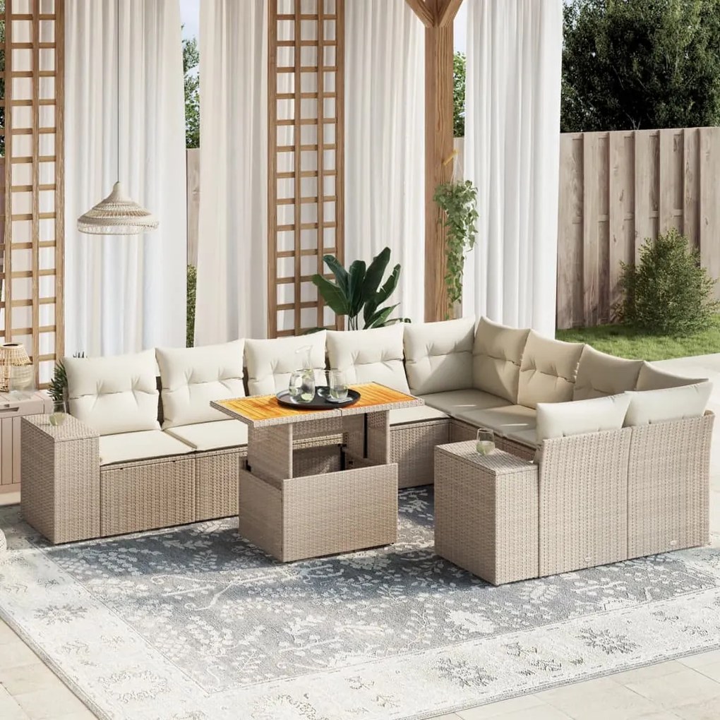10 pcs conjunto de sofás p/ jardim com almofadões vime PE bege