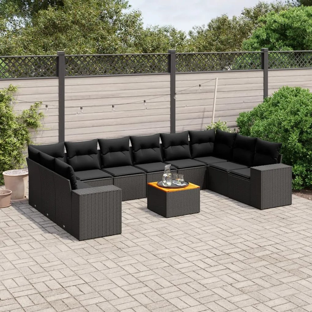 vidaXL 11 pcs conjunto sofás de jardim c/ almofadões vime PE preto