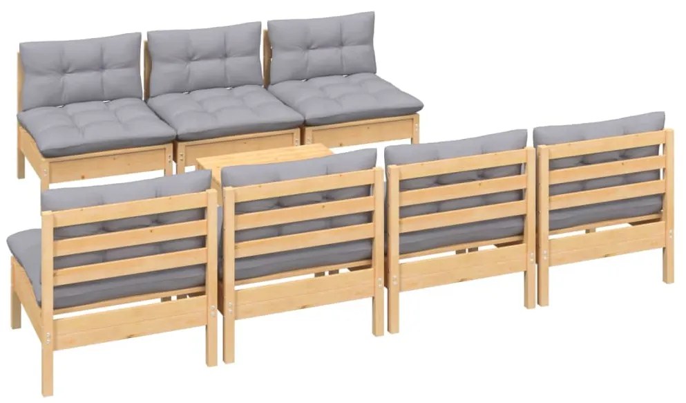 8 pcs conjunto lounge de jardim c/ almofadões cinzentos pinho