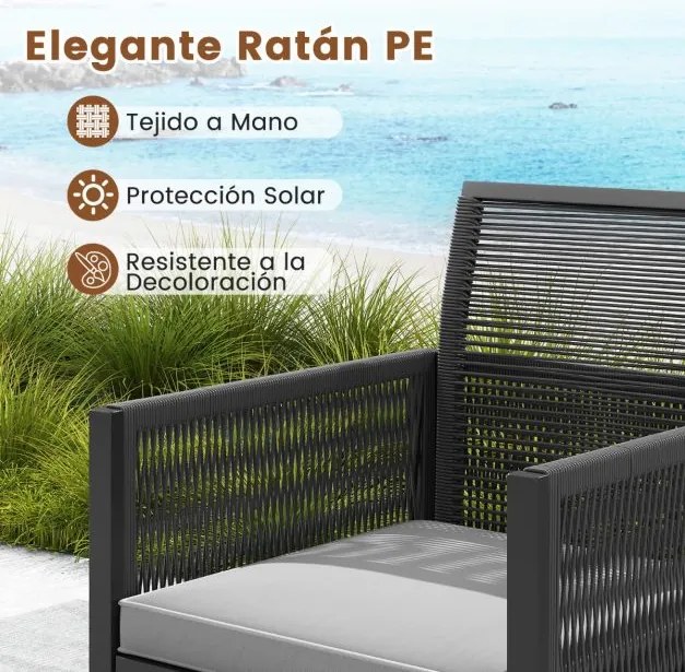 Conjunto de móveis de jardim em rattan PE de 5 peças com pufes, almofadas e mesa de café em madeira acácia cinzento