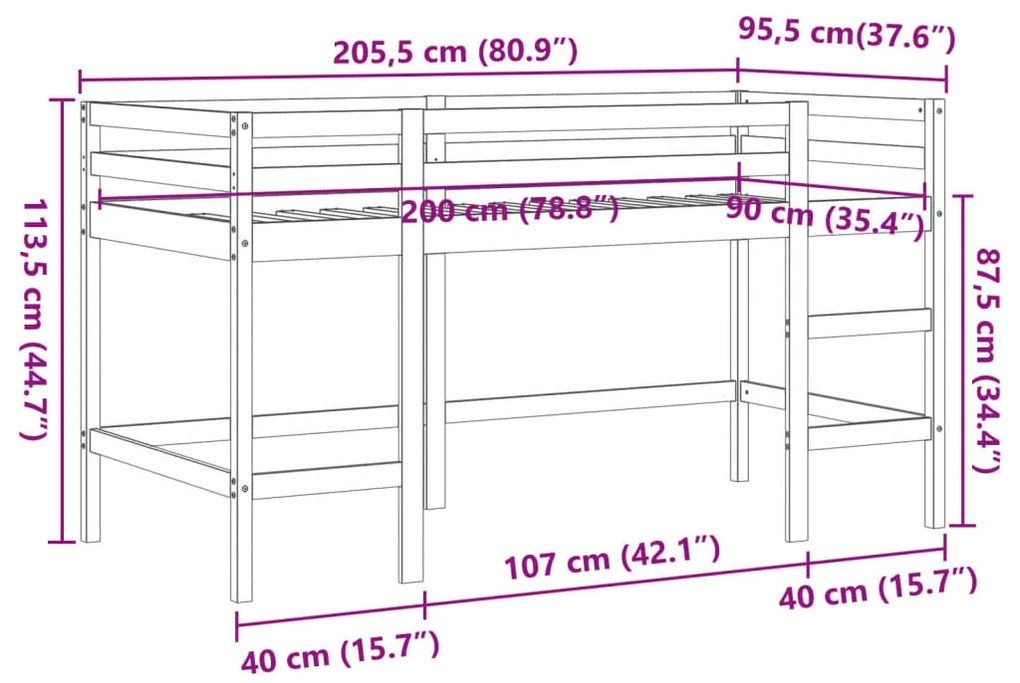 Cama alta p/criança c/escada 90x200cm pinho maciço castanho-mel