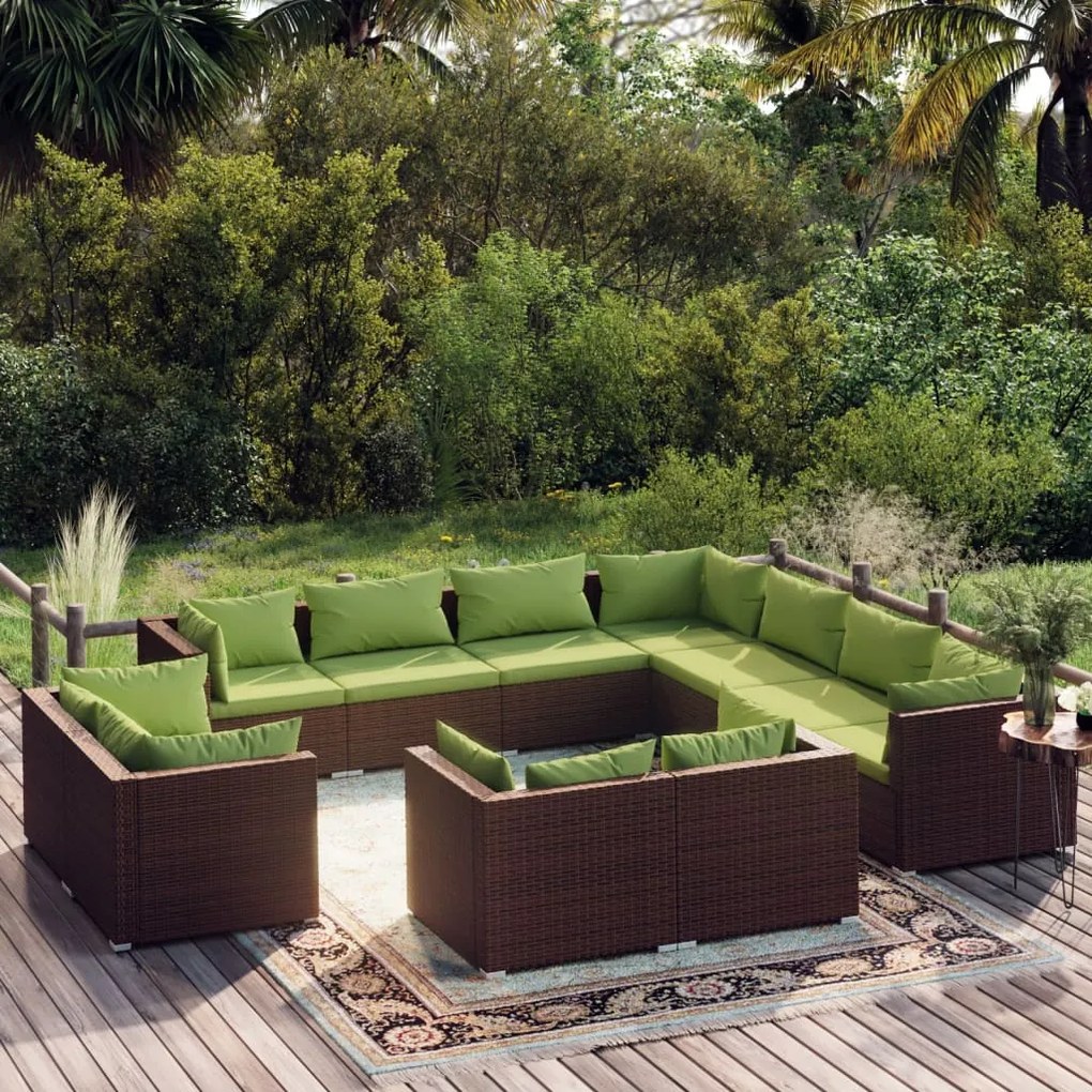 vidaXL 11 pcs conjunto lounge de jardim c/ almofadões vime PE castanho