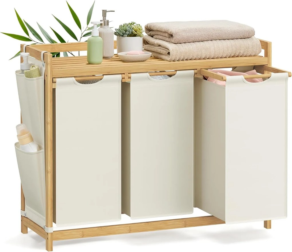SONGMICS Cesto de roupa suja com 3 compartimentos, cesto de roupa suja, suporta até 150 L, separador de roupa suja, com prateleira, saco de roupa suja, bolsos laterais, 3 x 50 L, 94 x 33 x 78 cm, creme branco RLH115W01