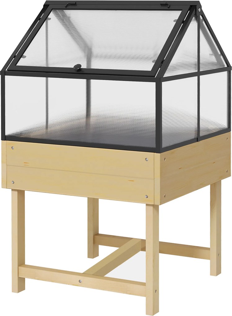 Mini-estufa com pés, dimensões: 60L x 57l x 103H cm, com teto duplo que se abre; painéis de policarbonato, aço e madeira de abeto tratada
