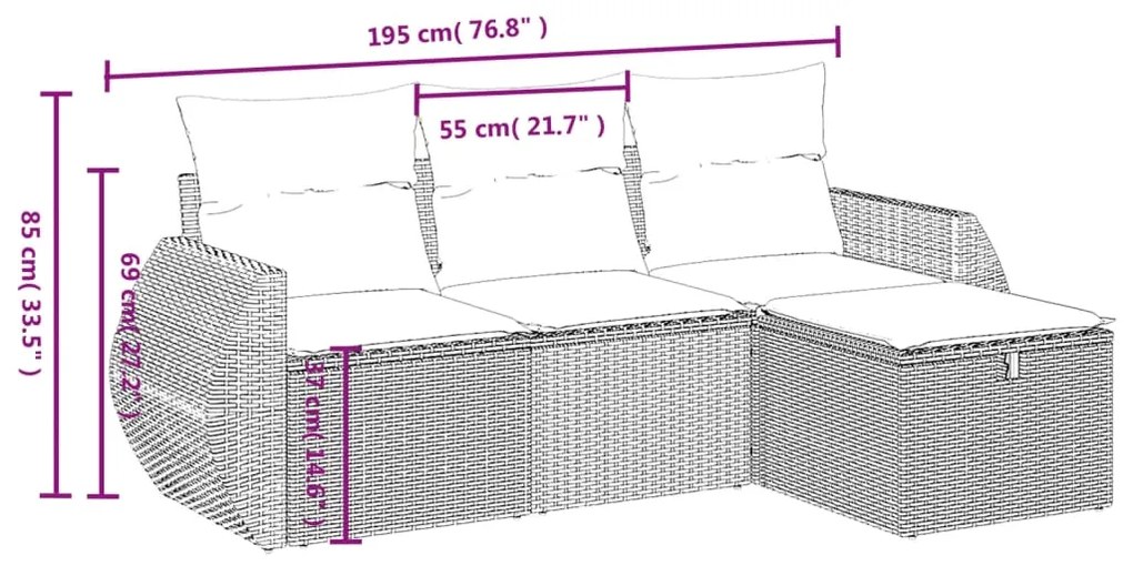 4 pcs conjunto sofás de jardim c/ almofadões vime PE castanho