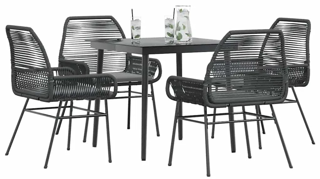 Conjunto de jantar jardim 5 peças almofadas vidro vime PE preto