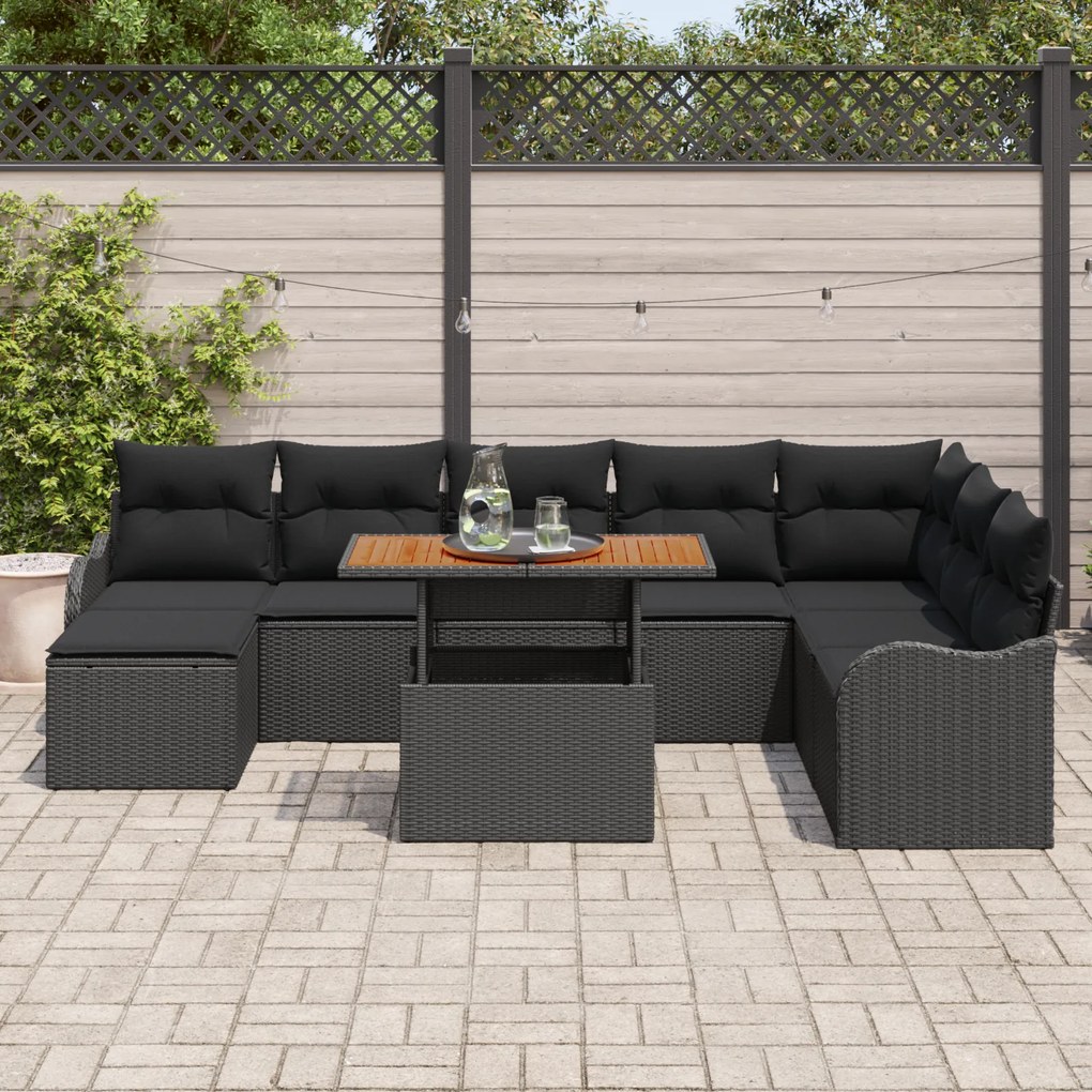 Conjunto de Sofá de Jardim de 9 Peças com Almofadas Preto Vime PE, Sof