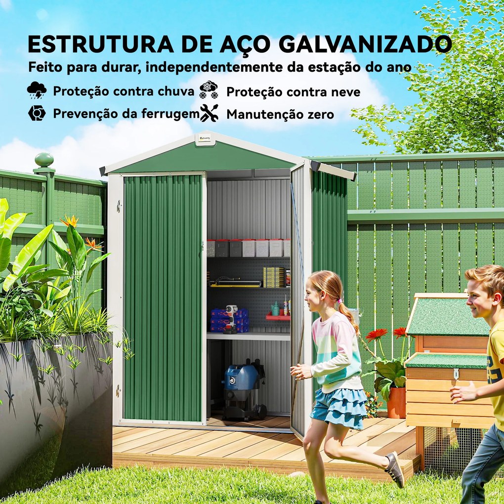 Abrigo de Jardim Exterior 1,1 m² 133x87x178 cm com 2 Portas de Correr Telhado Inclinado e Luvas Verde
