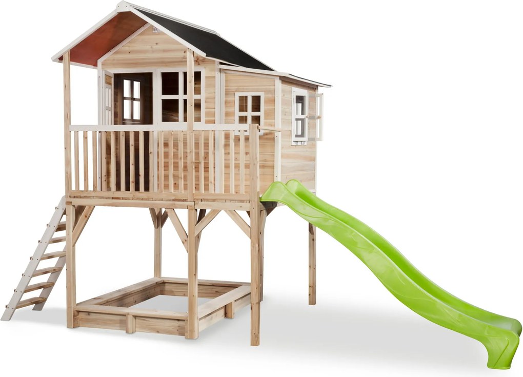 Casa de brincar infantil exterior para crianças Loft 750 em madeira com escorrega e caixa areia - Natural
