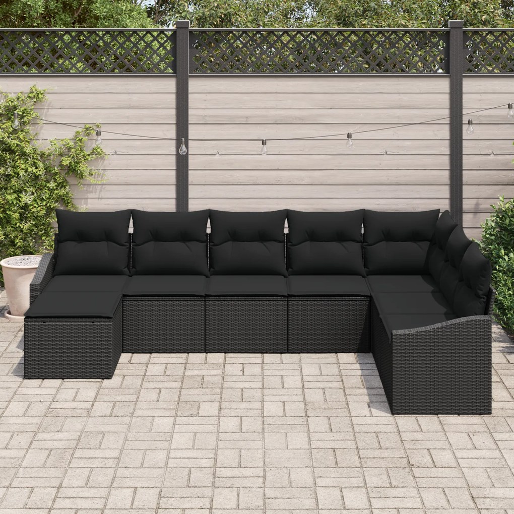 Conjunto de Jantar de 8 Peças com Almofadas Preto Rattan Sintético