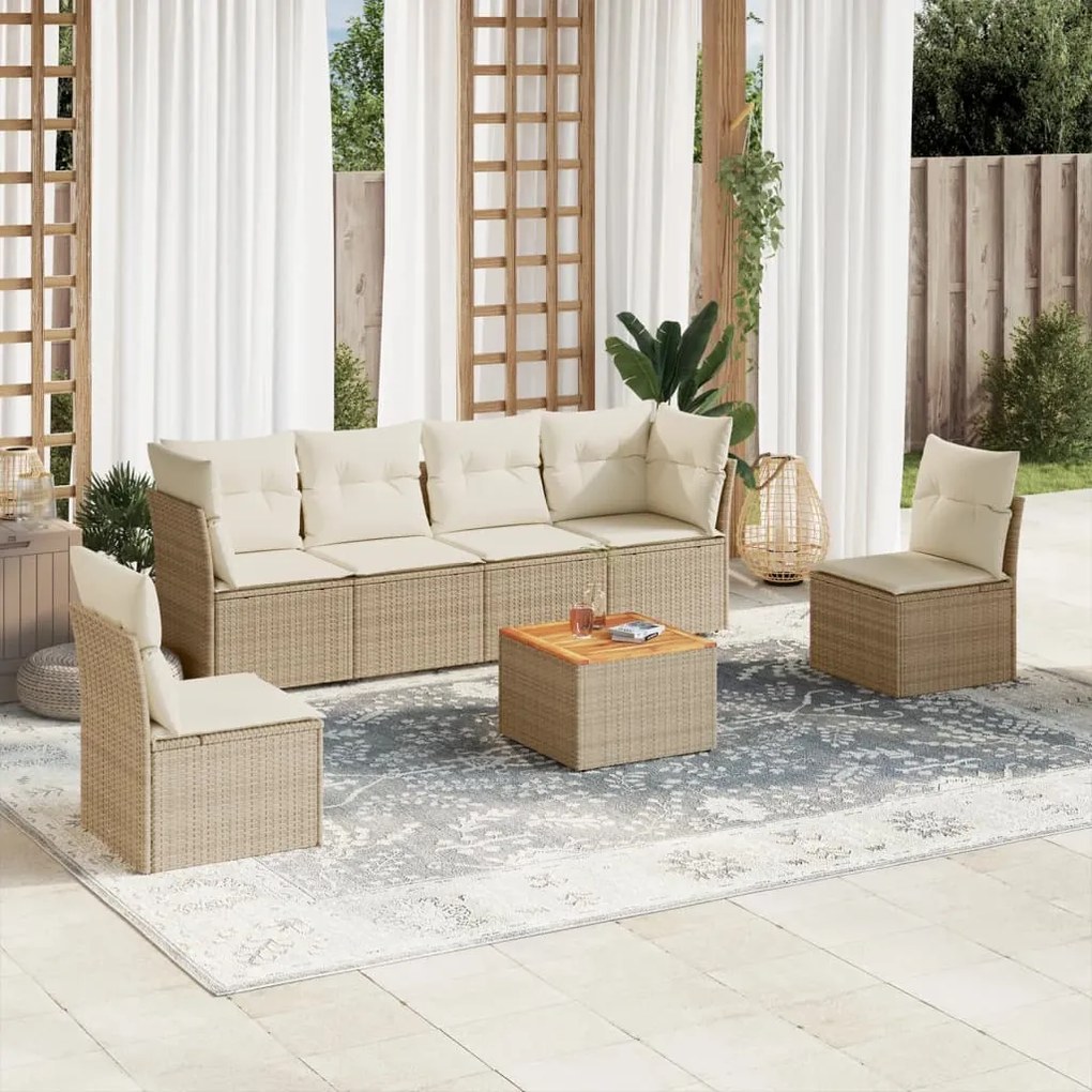 7 pcs conjunto de sofás p/ jardim com almofadões vime PE bege