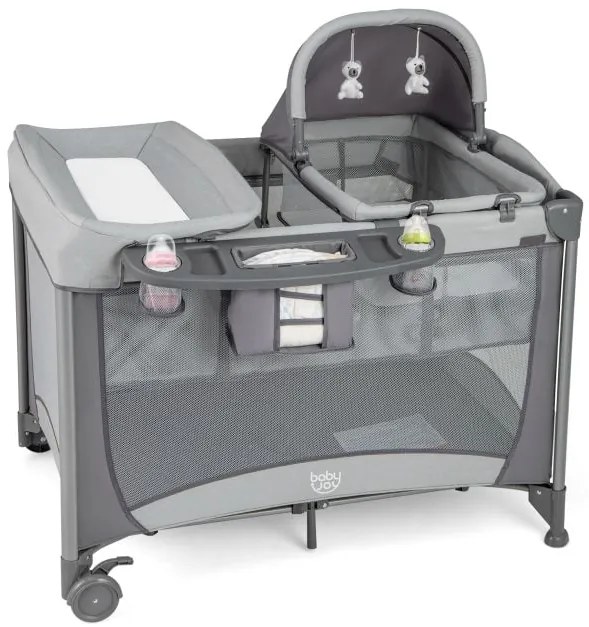 Berço lado a lado com ajuste de altura de 7 níveis para recém-nascidos, berço co-dorminhoco para bebês com cesto de armazenamento cinza