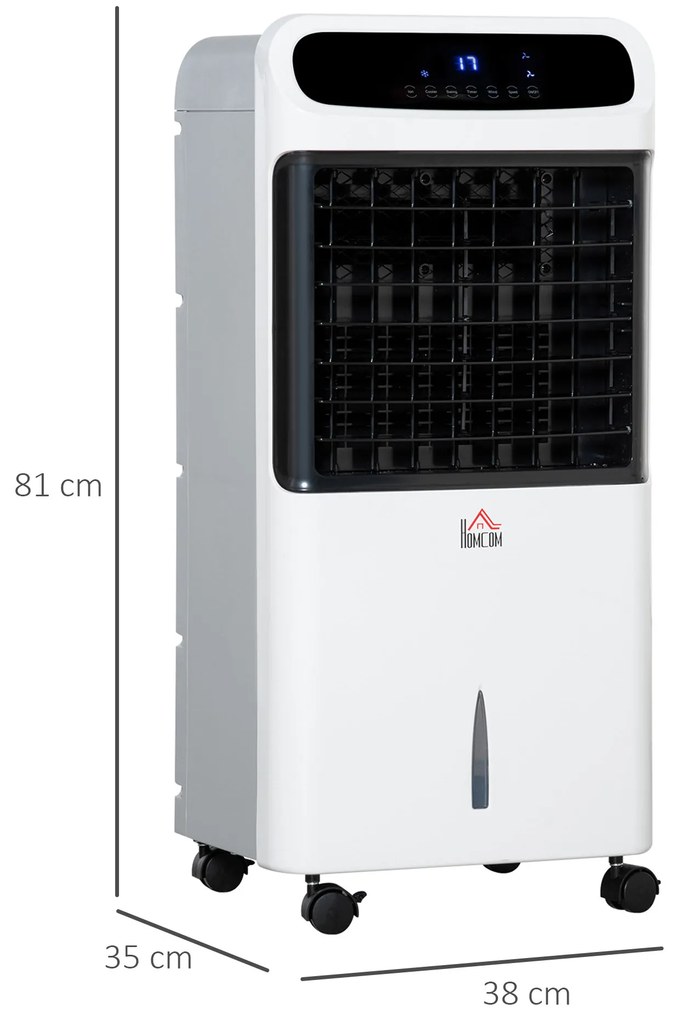 HOMCOM Climatizador Humidificador Refrigerador de Ar com Rodas Depósito de 12L Controlo Remoto 3 Modos de Velocidade Temporizador 12h e Ecrã LED Tátil 38x35x81cm Branco