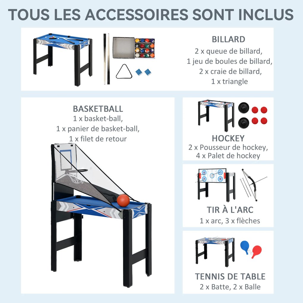 Mesa de jogos multifunções 5 em 1: bilhar, pingue-pongue, jogo de discos, mini-basquetebol, tiro com arco, azul