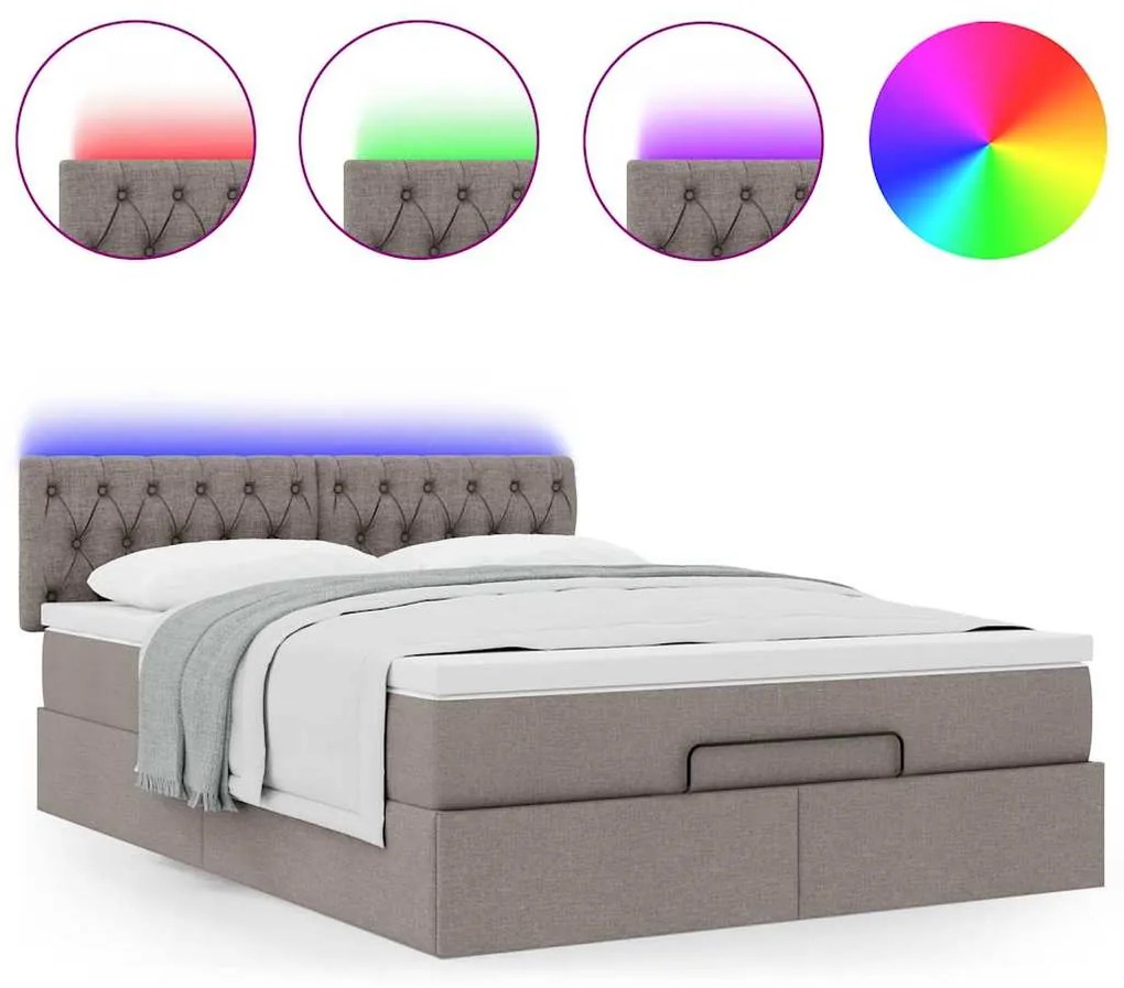 Cama Otomana com Colchão &amp; LEDs Taupe 140x200 cm Tecido