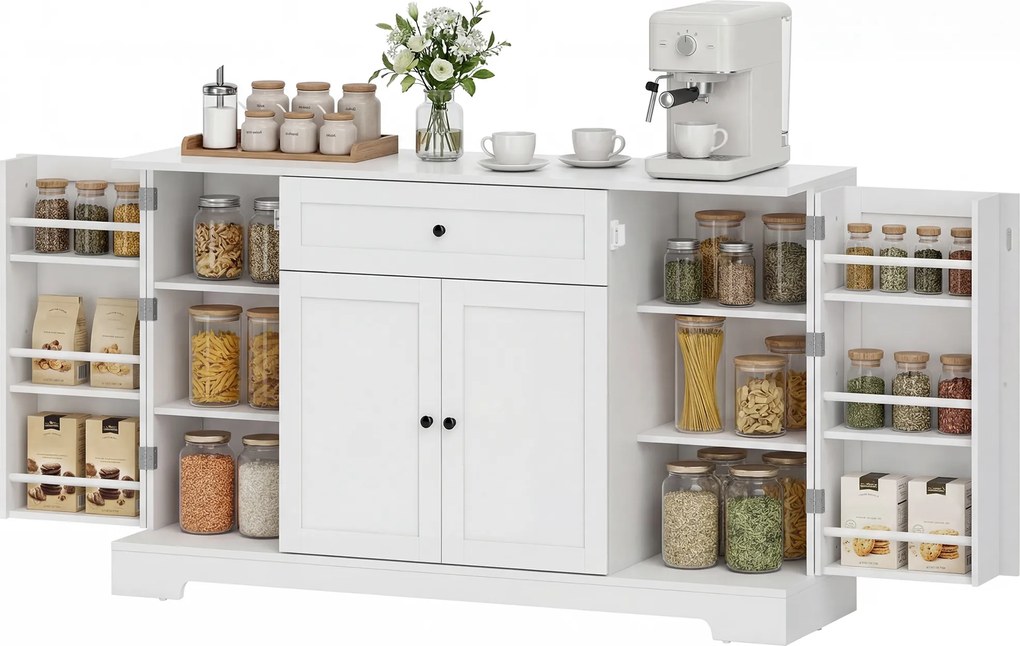 Armário de cozinha 140 x 40 x 80 cm, com gaveta, 4 portas com fecho suave, suportes para copos e prateleiras ajustáveis, branco