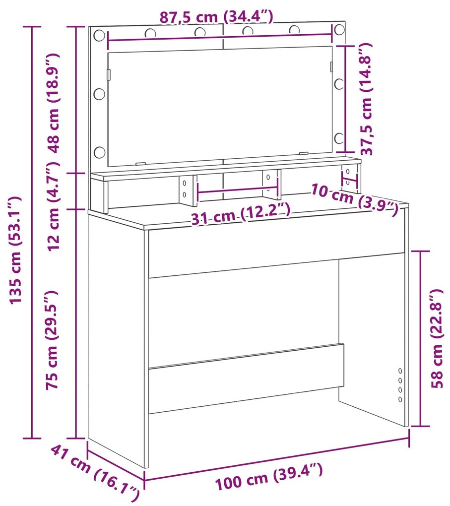 Mesa de Maquilhagem com Luzes LED Cinza Concreto 100x41x135 cm