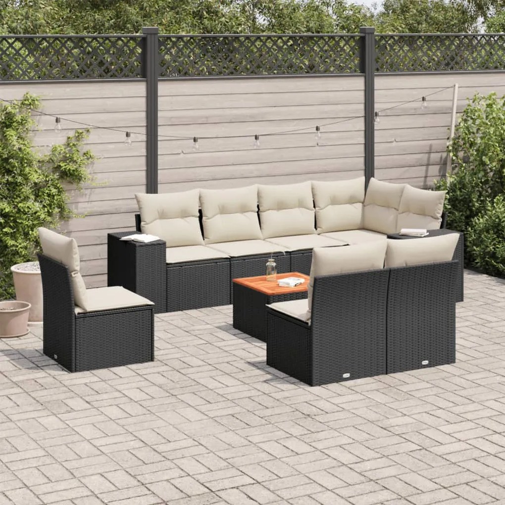9 pcs conjunto de sofás p/ jardim c/ almofadões vime PE preto