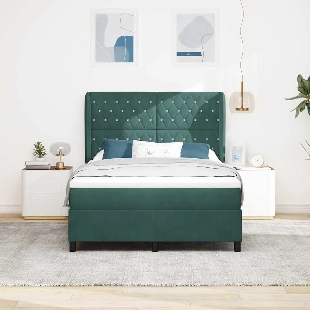 Cama Box com Colchão, Verde Escuro, 140x190 cm, Veludo