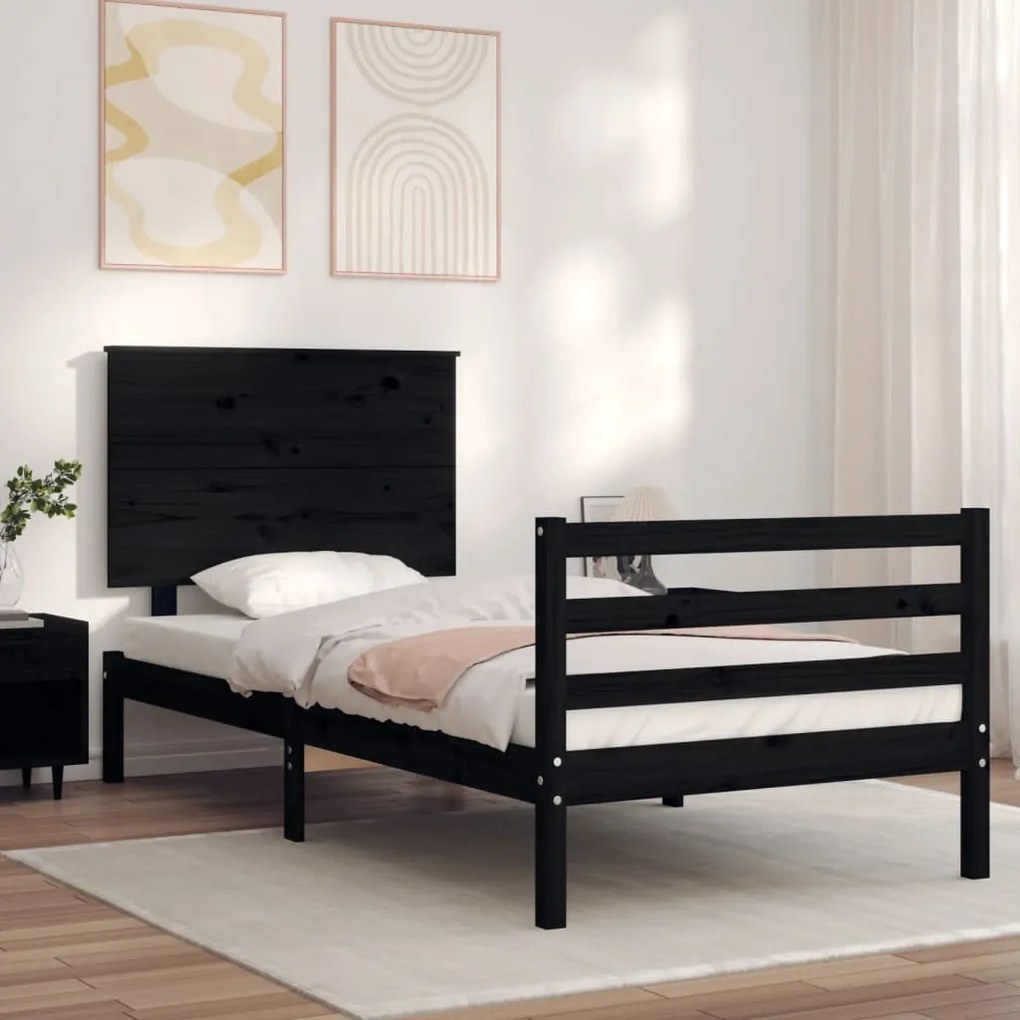 vidaXL Estrutura cama de solteiro c/ cabeceira madeira maciça preto
