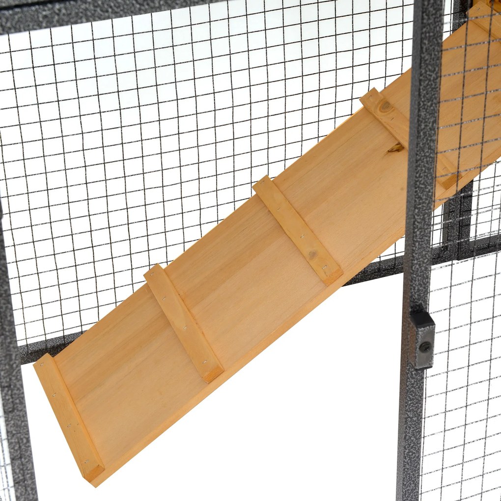 Coelheira para pequenos animais de estimação 2 níveis com bandeja removível de madeira e rampa de metal 122x63x92 cm para coelhos cobaios de madeira e