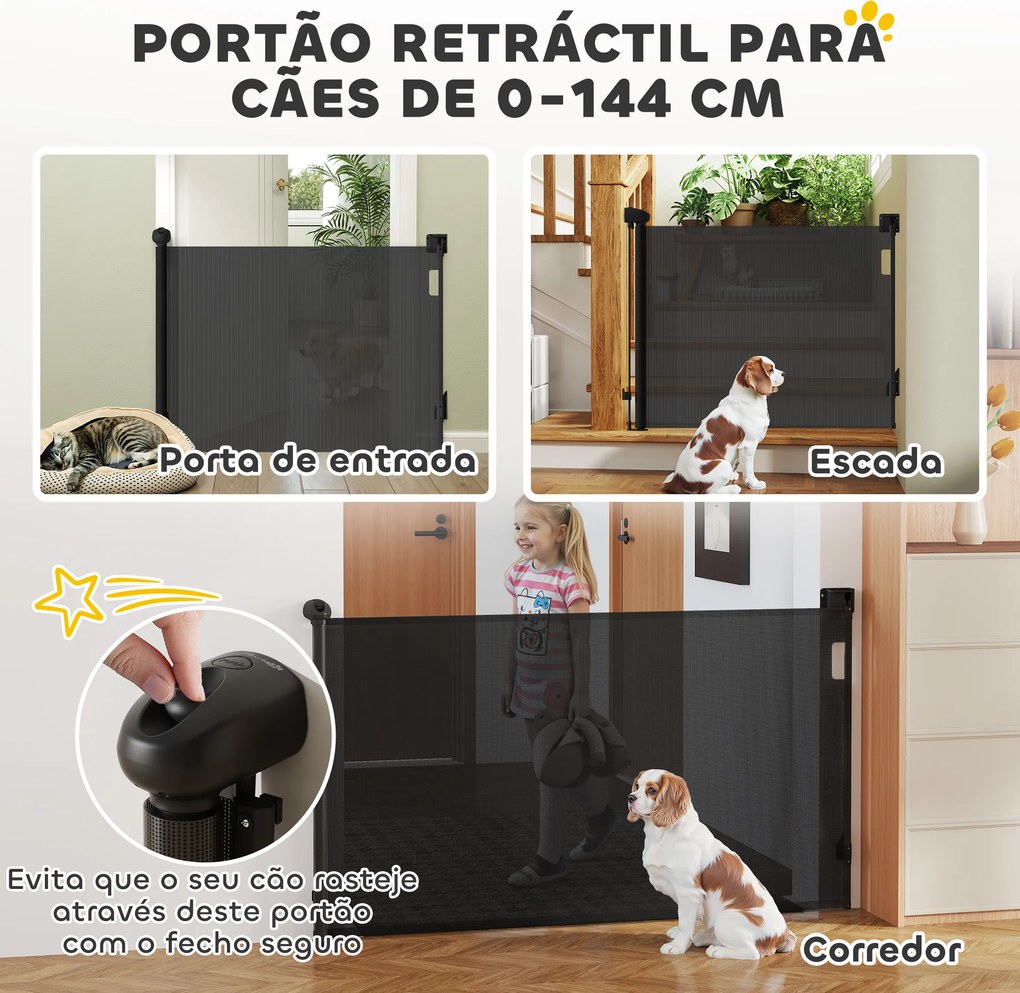 Barreira para Cães Retrátil 0-144 cm para Cães Pequenos Barreira de Segurança para Animais de Estimação com Fecho Preto