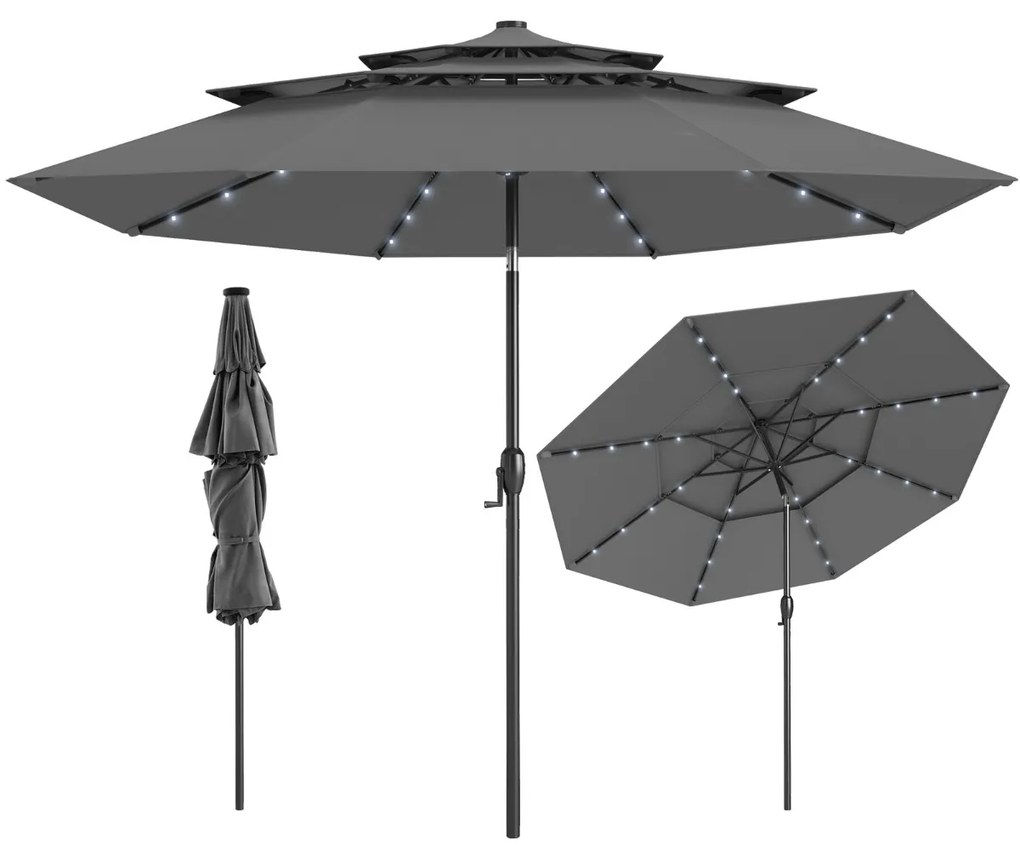 Guarda-sol Jardim de 313 cm com 32 luzes LED Teto ventilado de 3 níveis Ajuste de inclinação Cinzento
