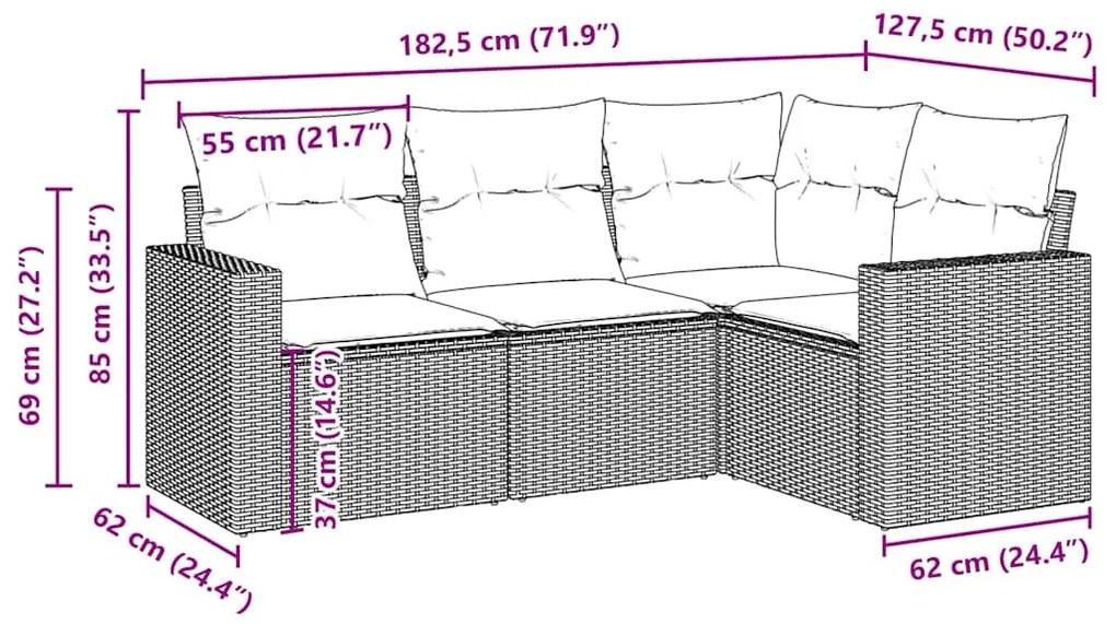 4 pcs conjunto sofás de jardim c/ almofadões vime PE castanho