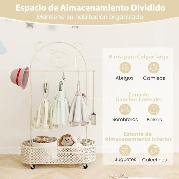 Guarda roupa para crianças com 3 alturas ajustáveis com rodas Armarios de livros de histórias com cesto Branco