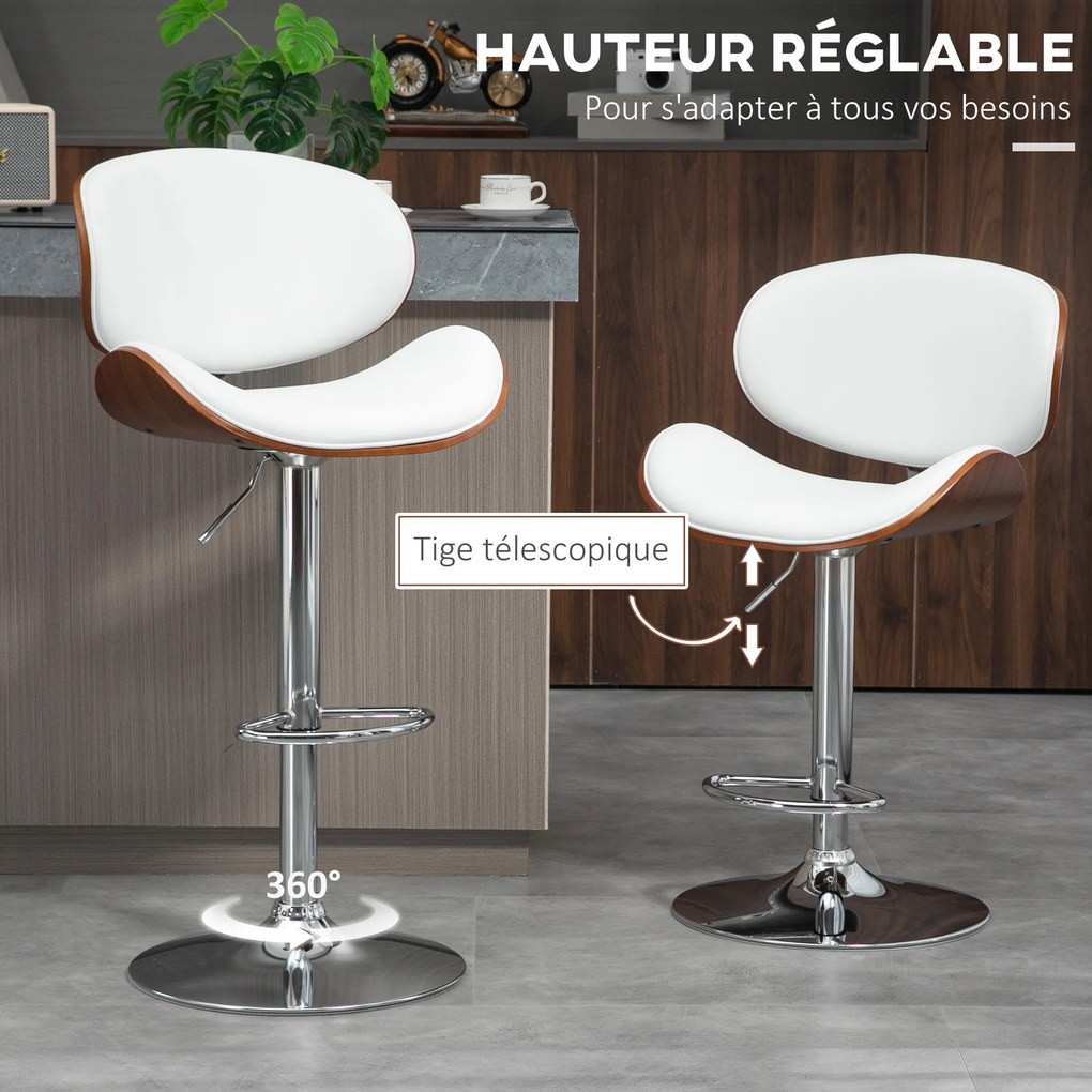 Conjunto de 2 cadeiras de bar com banco regulável em altura, revestimento sintético, 53 x 52 x 92-112 cm, branco