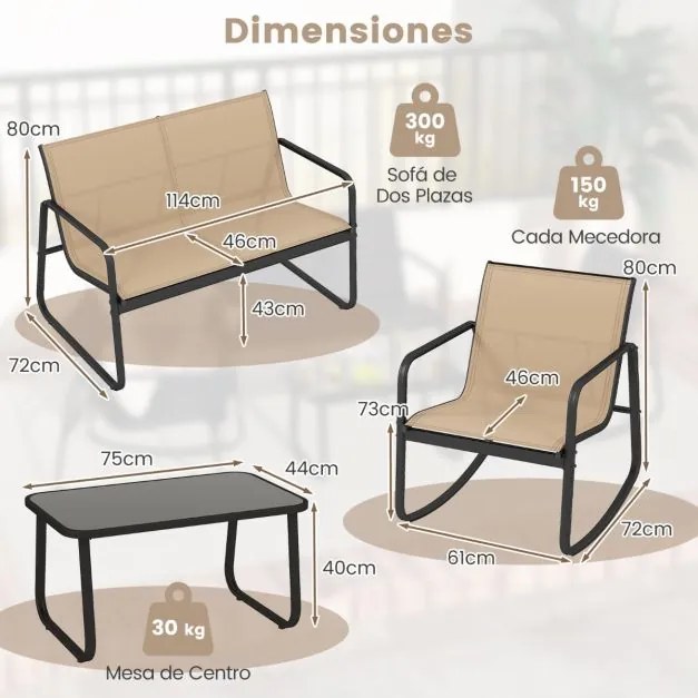 Conjunto de móveis de jardim de 4 peças com suave movimento de baloiço para terraço castanho