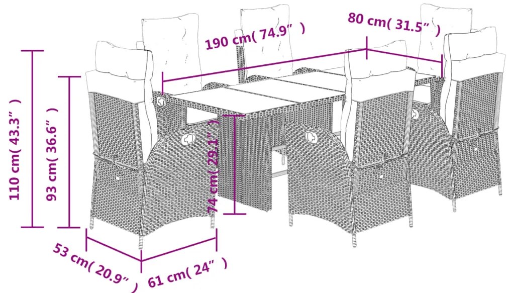 7 pcs conj. jantar jardim c/ almofadões vime PE bege misturado