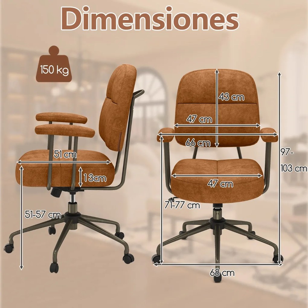 Cadeira de escritório estofada giratória ajustável em camurça com encosto e apoios de braços 68 x 68 x 97-103 cm Castanho